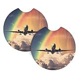 Lot de 2 dessous de verre de voiture avec motif avion BROLEO sous l'arc-en-ciel - Sans odeur - Pour tous les porte-gobelets standard, parfaits pour les voitures, camions, SUV - 6,9 cm