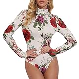 Body de manga larga para mujer, hermoso cuerpo de flores rojas con cuello de tortuga para mujer, control de abdomen, Negro -, XXL