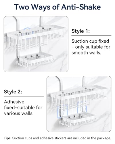 YASONIC Shower Caddy Hanging - Never Rust Shower Organizer - Aluminum over The shower head caddy with 10 Hooks for Razor/Sponge - Shower Rack with Soap Basket - White