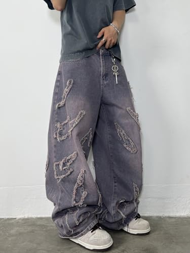 Men's Baggy Jeans Hip-hop Fringe Frayed Edges Jeans Wide Leg Denim Pants2