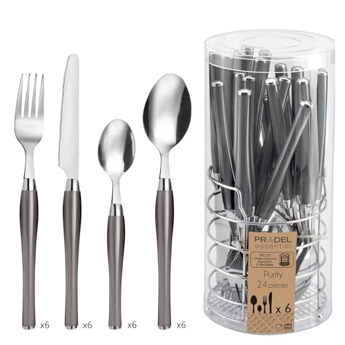PRADEL ESSENTIEL – Drahtkorb mit 24 Besteckteilen für 6 Personen – Purity – Edelstahl 18/0, Standard-Finish – Grau