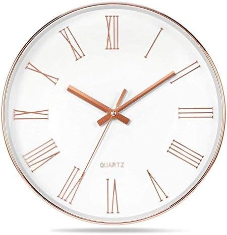 12 Inch Modern Wall Clock, Silent Non-Ticking Quartz Decorative Battery Operated Wall Clock for Living Room Home Office School Rose Gold Plastic Frame Glass Cover(Rose-Gold，Roman Numerals)