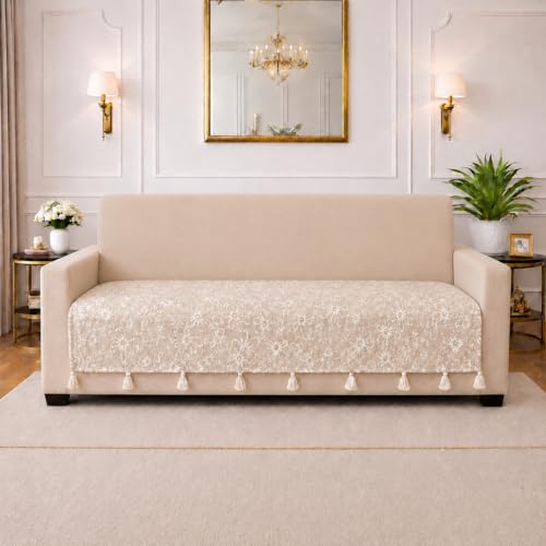 Image of STITCHNEST 'Verdant Phool Stories' 2 Seater Sofa Cover| Elegant Jacquard Fabric, Decorative Tassels, Washable & Durable for Modern Living