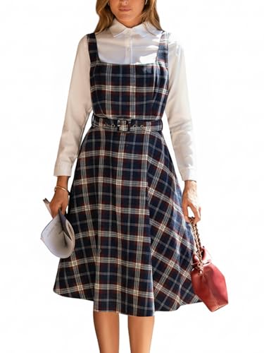 CUPSHE Damen Latzkleid Lässiges Kleid Kariertes A-Linie Kleid Quadratischer Ausschnitt Verstellbarer Gürtel Midi Kleid Marineblau XL
