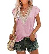 Womens Summer Tops Casual Country V Neck Lace Tee Shirts Petal Sleeve Fashion Loose Fit Blouse