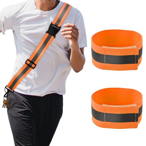 PEUTIER 3pcs Reflective Running Gear, High Visibility Reflective Sash for Walking at Night Reflective Shoulder Strap & Reflective Armband Safety Gear for Walking Running Cycling Hiking Biking