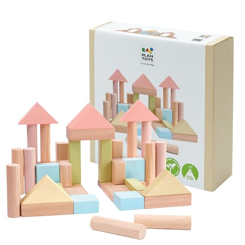 Image of PlanToys 40 Piece Unit Block Building and Construction Block Set (5507) | Pastel Color Collection |Sustainably Made from Rubberwood and Non-Toxic Paints and Dyes