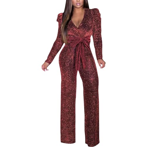Generisch Mono de lentejuelas para mujer, sexy, manga larga, escote en V, brillante, mono elegante, pantalones sueltos, ropa de fiesta y club, mono de una pieza largo de noche, jumpsuit, romper, traje
