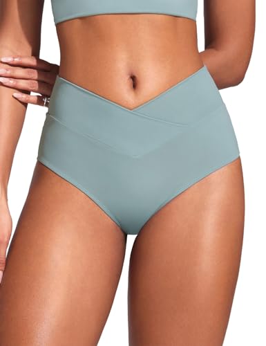 Image of CRZ YOGA V-Shaped High Waited Bikini Bottoms | Mid Cut Leg, Medium Bum Coverage, Cross Front, Swim, Bathing Suit Briefs for Women