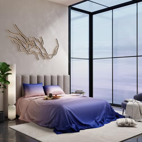 Image of Stoa Paris Satin Bedsheets for Super King Size Bed with 2 Pillow Covers, 300 TC UltraSatin Premium Bedding Set, Gifts for Couples, Wedding, Home Furnishing, Skies of Paris Collection - Taupe, Sapphire