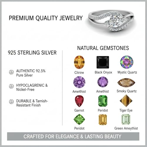 Image of Choose Your Gemstone Swirl 3 Stone Diamond CZ Engagement Ring 925 Sterling Silver Round Shape Side Stone Engagement Rings for Women, Girls and Ladies US Size 4 to 12