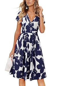 OUGES Damen Sommerkleid Kurzarm V-Ausschnitt Knielang Blumenmuster Midi Kleid mit Taschen(FloralZ30-419,L)