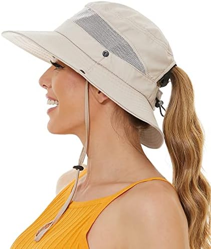 Sun Hat with Ponytail Hole for Women,Sun UV Protection UPF50+ Waterproof Beach Bucket Safari Hiking Hat for Women Beige