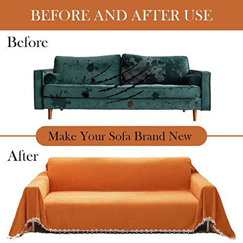 Handontime Burnt Orange Couch Cover Furniture Protector Sofa Covers With Lace Chenille Sectional Couch Covers For Pets Couch Covers For 3 Cushion Couch Sofa Love Seat Covers Easy Install, 71" X118" #TOP3