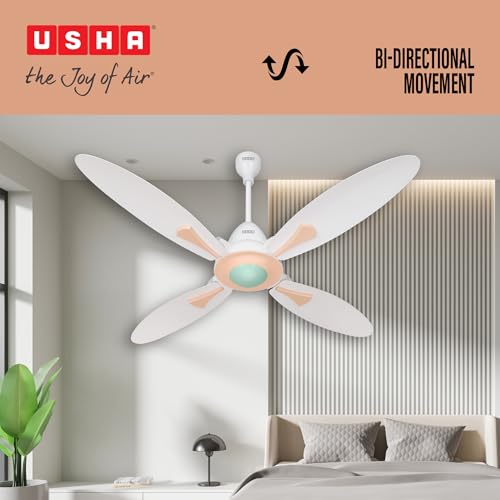 Image of USHA Bloom Series Dahlia 100% Copper Motor 4-Blade BLDC Ceiling Fan | Bi-Directional | Sleep /Boost /Timer Modes | RF Remote | Dust-Resistant |3Y Motor & 2YPCB Warranty(White & Misty Rose)