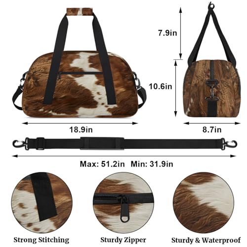 Cow Print Vintage Brown Gym Bag for Women Men, Sports Travel Duffel Bag Lightweight Workout Bag Carry On Overnight Weekender Bag2