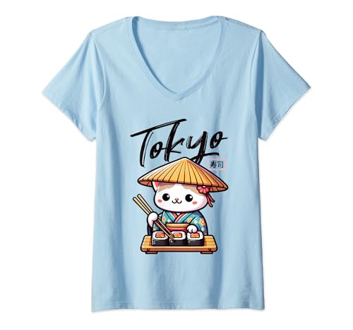 Femme Sushi Cat Kawaii Japonais Harajuku, Amoureux des chats Anime Tokyo T-Shirt avec Col en V