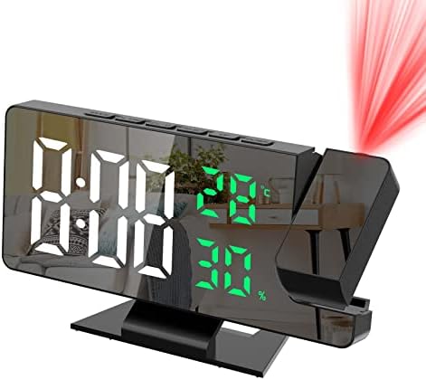 JXTZ Projection Alarm Clock, Alarm Clock Projection on Ceiling Wall, 7.8" LED Mirror Digital Clock with 4 Adjustable Brightness, Temperature & Humidity, Snooze, Clocks for Bedrooms, Home, Office