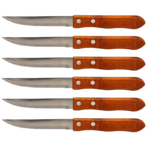 Tradineur - Pack de 6 Cuchillos de Sierra para Carne, Hoja de Acero Inoxidable de 10 cm y Mango de Madera, Cubiertos clásicos, Aptos para lavavajillas - 21 cm