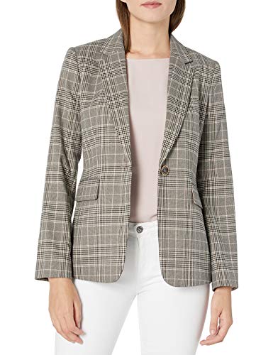Tahari ASL Women's One Button Plaid Flap Pocket Jacket, Tan Black Pink Yarn Dye, 4