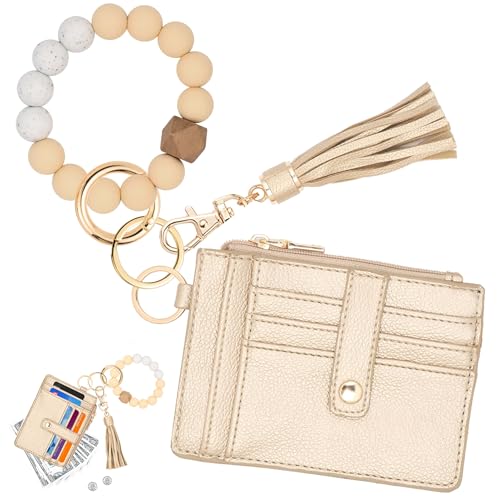 Image of KNGITRYI Wristlet Wallet for Women,RFID Keychain Wallet with Beaded Strap | 8 Card Slots,ID Window,Zipper Pocket,Leather Tassel,Compact Design