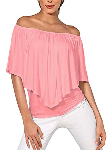 DREAGAL Women's Off Shoulder Ruffles Solid Casual Blouse Stretch Tops