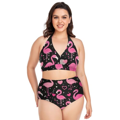 Bikini grande taille réglable à motif flamingo peach avec halter top et taille haute