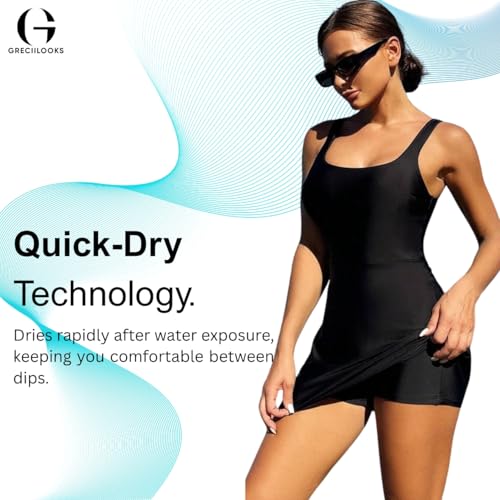 Image of GRECIILOOKS Women Lycra Frock Style Short Attached Padded One-Piece Swimming Costume | Solid Women Swimsuit | Womens Stretchable Swimwear