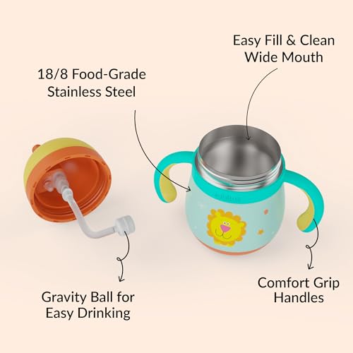 Image of rabitat Gravity EasyFlow Stainless Steel Sippy Cup 390ml | 2 Years Brand Warranty | Leak Proof | BPA Free Soft Silicone Straw | Sippy Cup for Kids with Weighted Straw | Sunny Roar