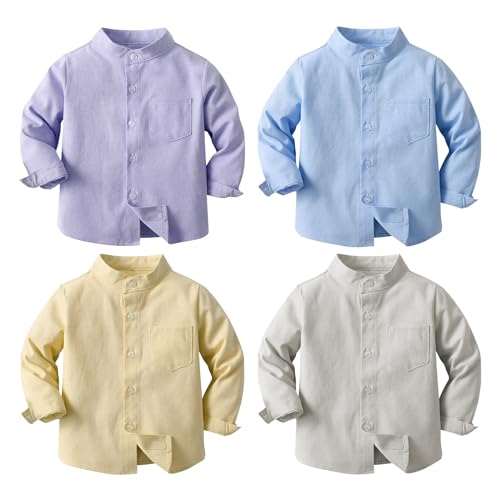 Kids Toddler Boys Long Sleeve Mandarin Collar Uniform Woven Cotton Button Down Linen Dress Shirt Solid Henle𝐲 Shirt