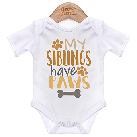 ART HUSTLE - My Siblings Have Paws Baby Grow for Baby Girl or Boy, Cute and Comfortable Baby Vests, Made of Premium Ring-Spun Cotton, Machine-Washable Baby Clothing, 0-3 Months White Cover