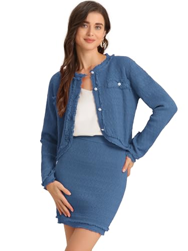 Pull manches longues et jupe en tricot souple Allegra K ensemble décontracté deux pièces bleu M