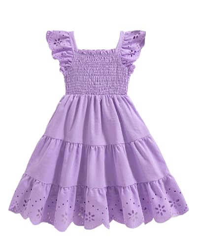 Little Girl Dresses Summer Outfits 4T 5T Girl Clothes Kids Prince Ruffle Cap Puff Sleeve Smocking Dress Purple Casual Garden Party Sundress