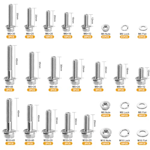 Image of weideer 400PCS Metric Flange Bolt Assortment,M6x1.0 M8x1.25 M10x1.5 Metric Bolt Assortment,Grade 8.8 Alloy Flange Hex Nuts and Bolts Kit (12mm-45mm)