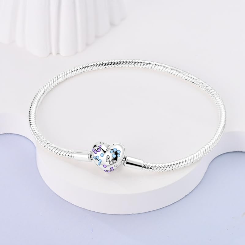 Image of 925 Sterling Silver Snake Chain Bracelets Fit Pandora Charms,Heart Clasp Bracelets Perfect For Any Glamour Gift for Women with 5 A Cubic Zirconia