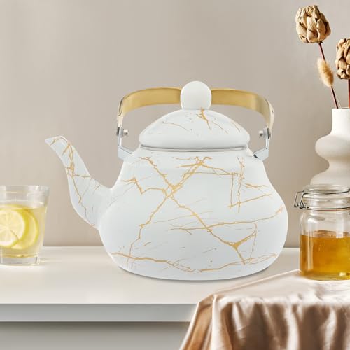 Emaille Teekanne, 2L Teekessel, Modern Wasserkocher mit Goldenen Mustern, Kaffeekanne Wasserkessel Teekocher für Induktions-und Gasherde 12cm Kessel Bodendurchmesser