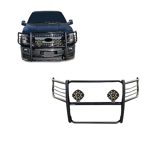 Image of Black Horse Grille brush Bumper Guard Modular Come With pair of 7.0 inchDia.LED Lights with Black Trim Rings Compatible with 2015-2024 Ford F-150-17FP32MA-PLB