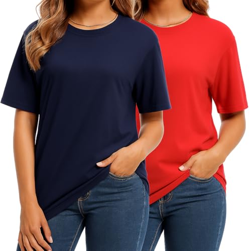 Non-Transparent Premium Combed Cotton T-Shirts for Women, 2-Pack High-Density Compact-Spun Knit Crewneck Loose Fit Tops