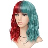 HAIRUP Half Red and Half Green Wig with Bangs for Women, Short Wavy Curly Bob Wig 14 Inch Shoulder Length Colored Wig Party Cosplay Christmas Wigs