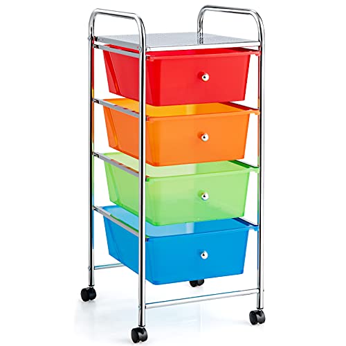 COSTWAY 4/6/12 Drawers Rolling Storage Cart, Home Office Stationary Utility Trolley with 4 Wheels, Multipurpose Mobile Organiser Shelving Unit for Makeup Beauty Salon (Multi, 4 Drawers)