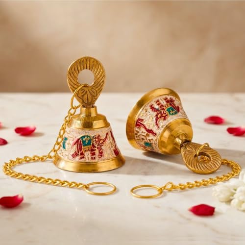 Image of DSH Pure Brass Hanging Bell with Chain for Temple Mandir Door Home Decorative Ringing Bell (White, 2)