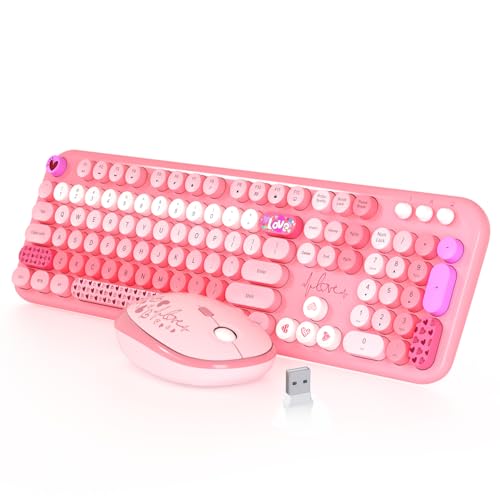 Image of Wireless Keyboard and Mouse,MOFII 104 Round Keys Lovely Full-Size Cute Colorful Keyboard and Mouse with Retro Typewriter for PC /Mac /Laptop /Tablet /Computer /Windows Pink