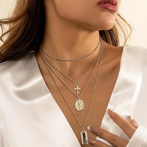 ORAZIO Cross Necklace,Layered Necklaces for Women,Dainty 14K Gold Silver Plated Cross Pendant,Crucifix Blessed Virgin Mary Pendant Necklace,Faith Religious Jewelry4