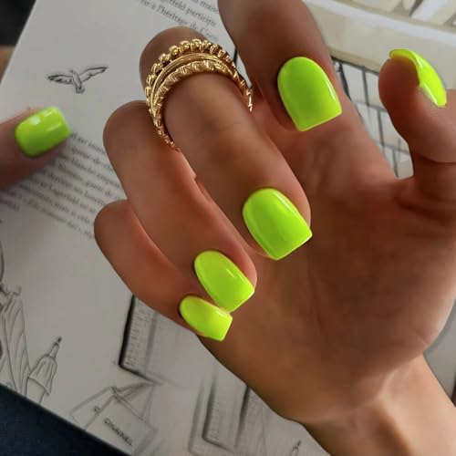 KQueenest Neon Green Press on Nails Short Square, Acrylic Fake Na...