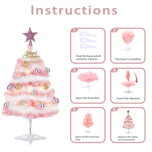 Pequena árvore de Natal rosa, mini árvore de Natal de 60 cm, pequena árvore de Natal artificial com