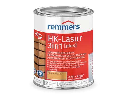Remmers HK-Lasur 3 en 1 [plus] pino/alerce, mate, 0,75 litros, barniz para madera, barniz para madera premium exterior, triple protección de madera con impregnación + imprimación + barniz