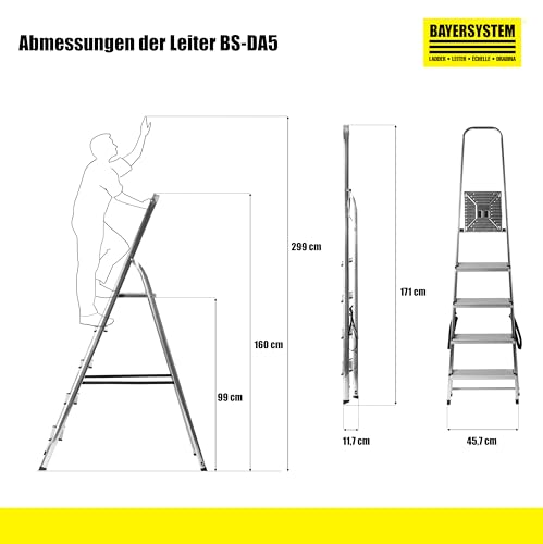 Bayersystem BS-DA5 120 Trittleiter mit 5 Stufen, Aluleiter, bis 120 kg belastbar, max. Arbeitshöhe 2,99 m, Klapptrittleiter mit Handlauf, Anti-Rutsch-Füße, Klapptritt für Haushalt, Silber/Gelb