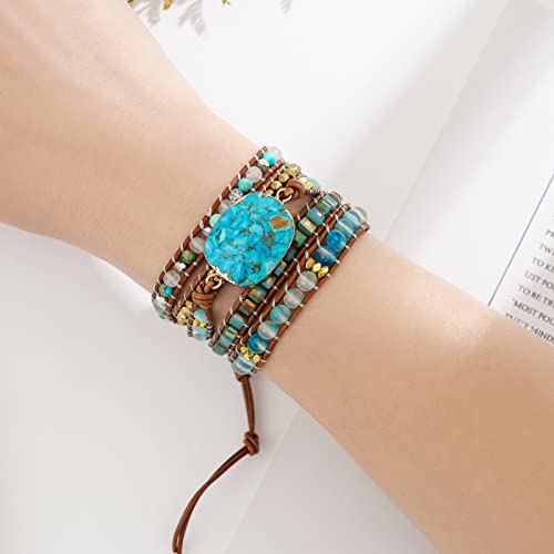 Plumiss Boho Handmade Bead Wrap Bracelets Turquoise Blue Imperial Jasper Stone Strand Bracelet #TOP1