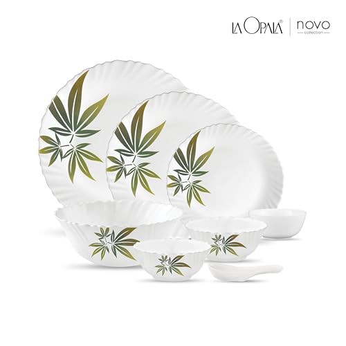 Image of La Opala Novo Collection Opal Glass Crockery | for Family of 6 | Dinner Set 35 pcs Trinty Green | Plates & Bowls for Dining | Microwave Safe | 100% Vegetarian | Extra Strong | Light & White