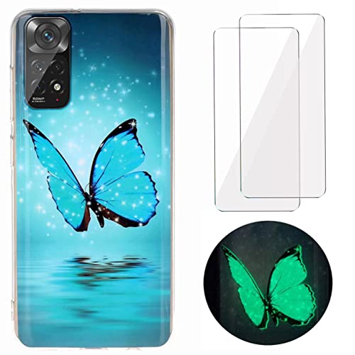 YiKaDa - Coque Compatible avec Xiaomi Redmi Note 11 / Note 11S 4G + [2 Pièces] Protection d'écran en Verre Trempé, [Ultra Mince] Housse Souple TPU Silicone - Papillon Rougeoyant Cover